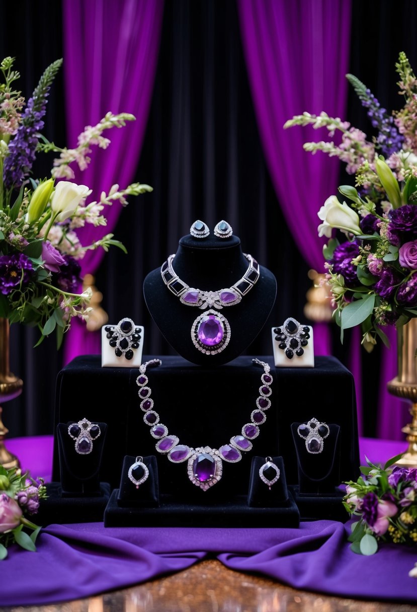 A black and purple wedding theme with elegant amethyst and onyx jewelry showcased on a velvet display, surrounded by rich floral arrangements and luxurious fabrics