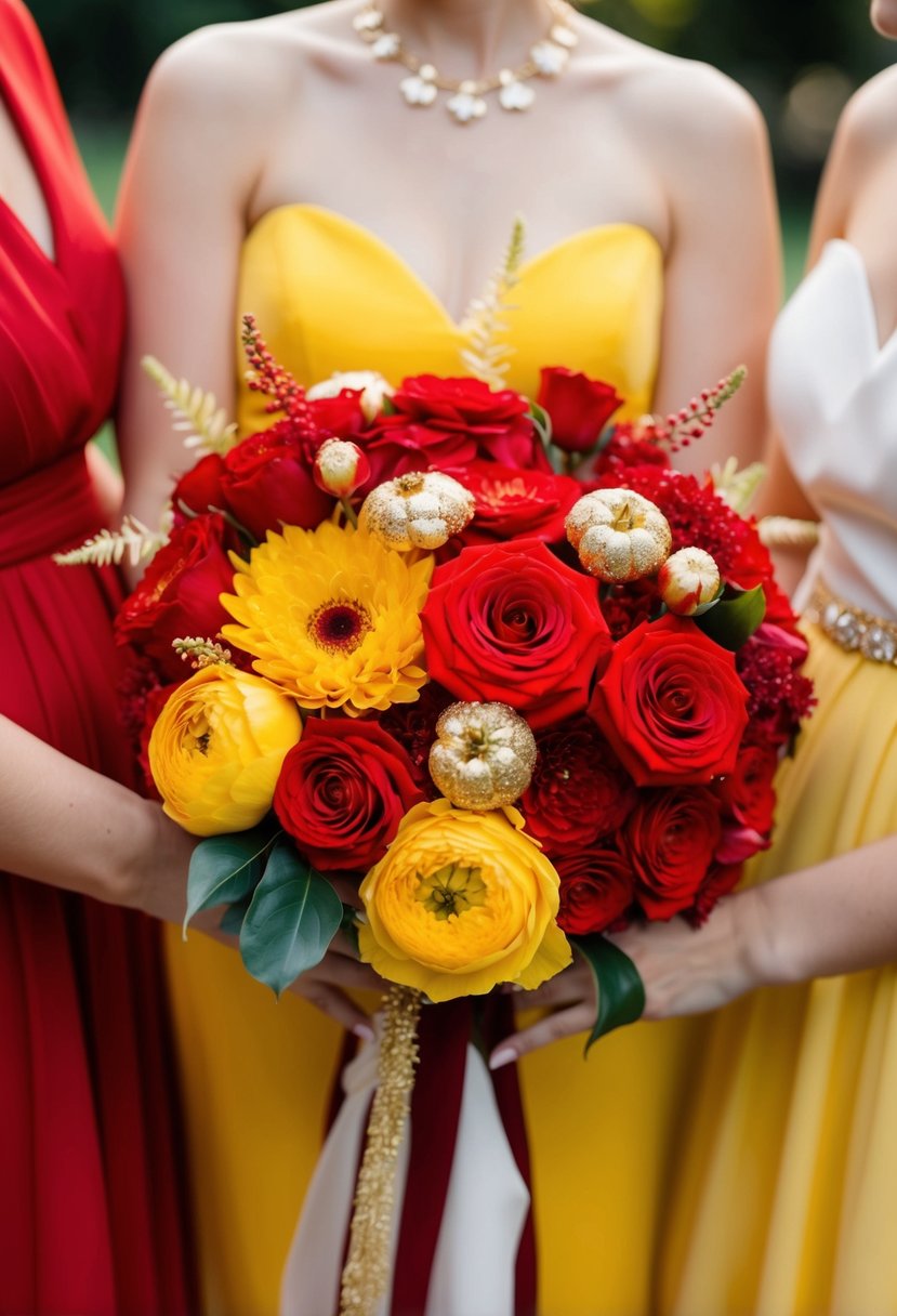 A vibrant red and yellow wedding palette with bold florals and golden accents