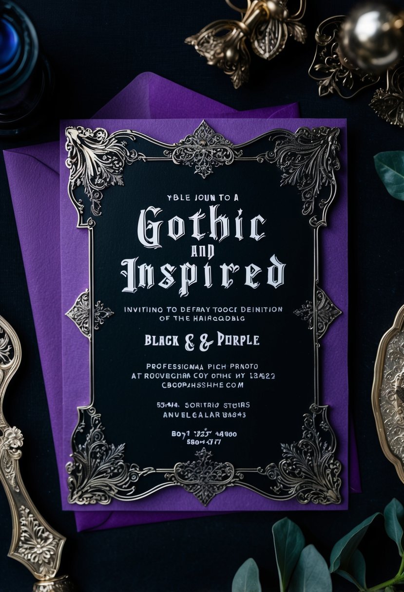 A gothic-inspired invitation featuring a black and purple color scheme with ornate details and dark, romantic elements