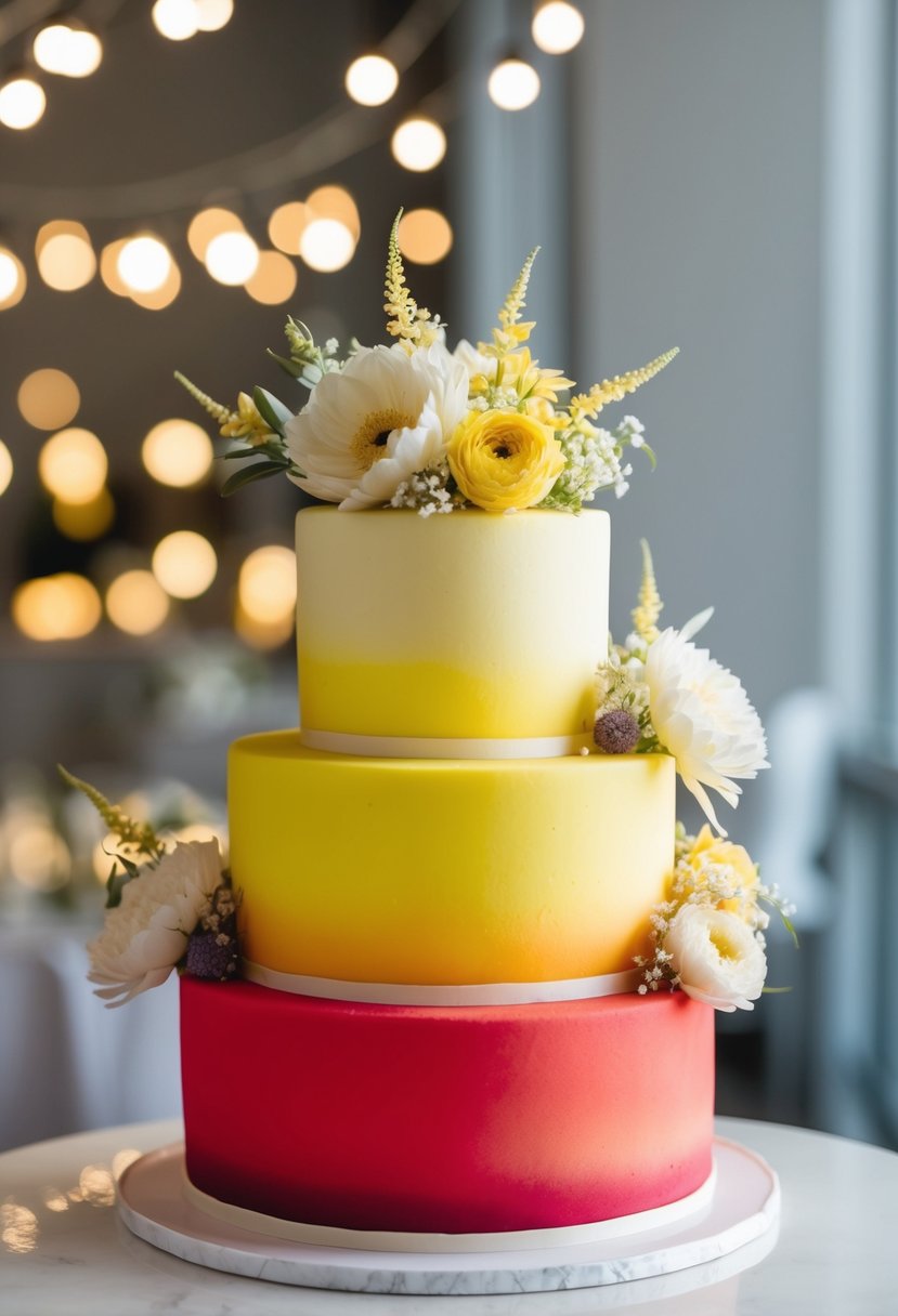 A three-tiered ombre cake transitions from bright red at the bottom to sunny yellow at the top, adorned with delicate floral decorations in matching colors