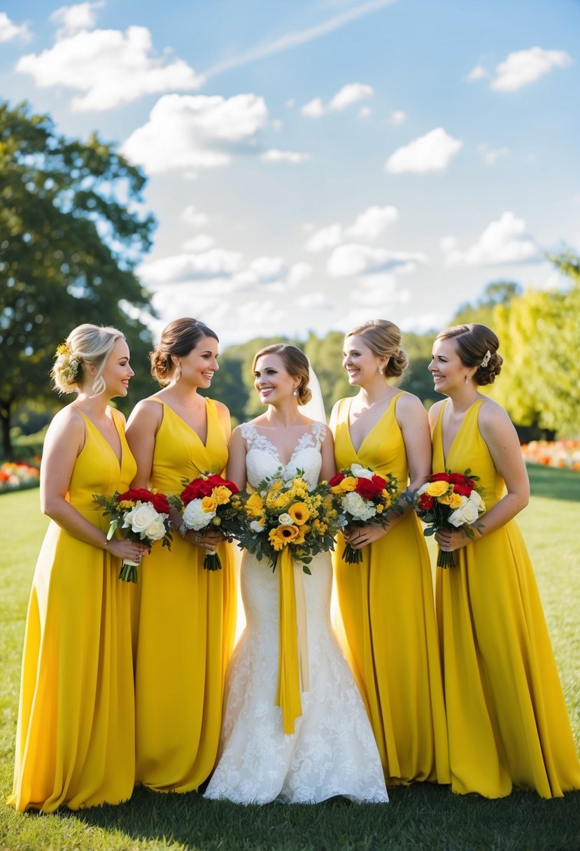 A sunny outdoor wedding with yellow bridesmaid dresses and red and yellow floral decorations