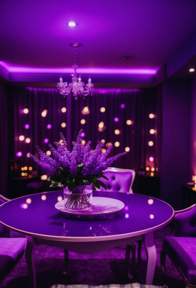 A dimly lit room with lavender and plum colored lighting creating a romantic ambiance