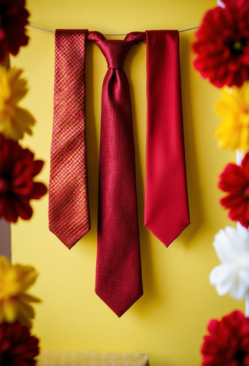 Red ties hanging on a yellow background, with red and yellow floral accents