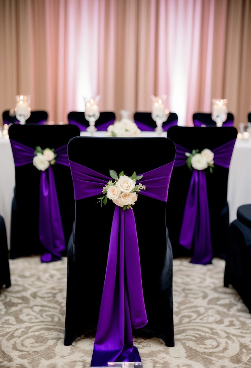 Black velvet chairs with purple sashes arranged in an elegant wedding reception setting