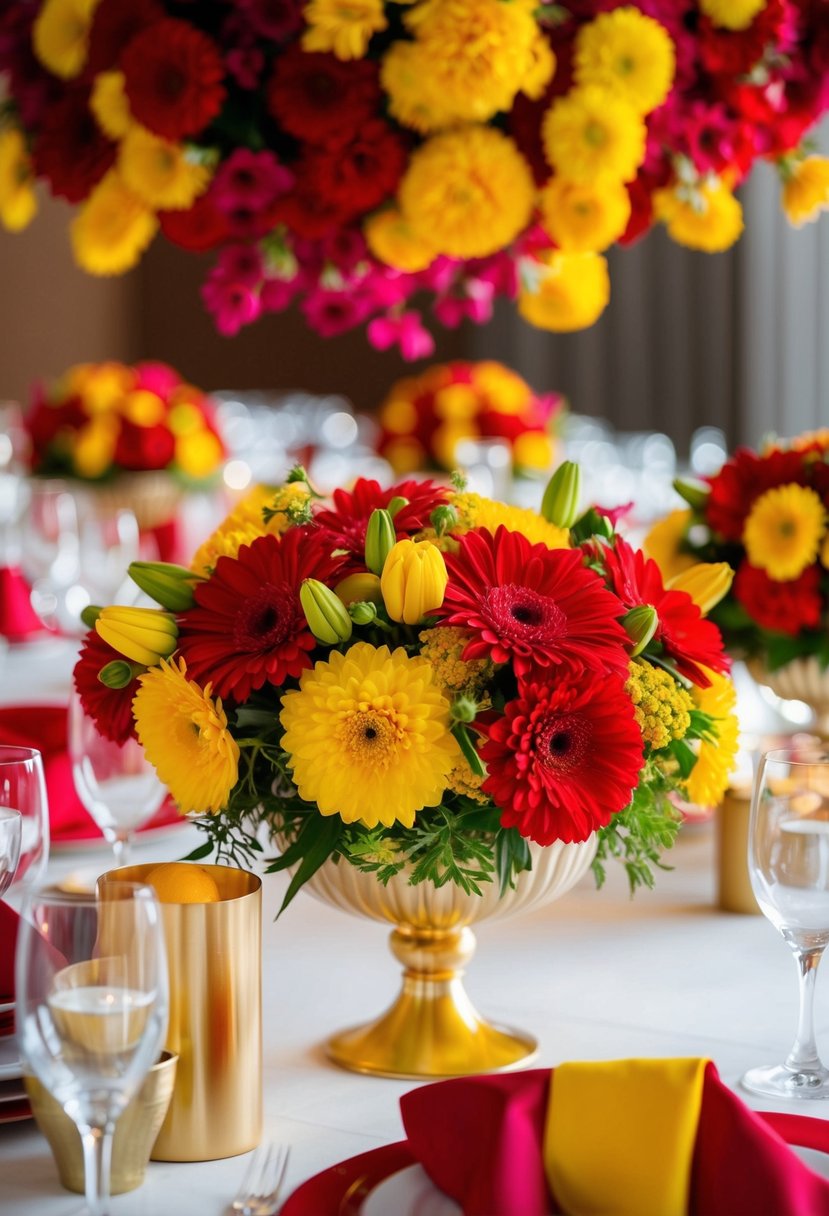 Vibrant red and yellow flowers arranged in bold centerpieces for a wedding celebration