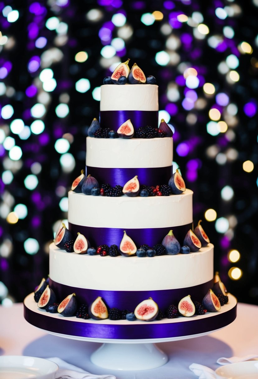 A three-tiered wedding cake adorned with dark berries and figs, set against a backdrop of black and purple decor