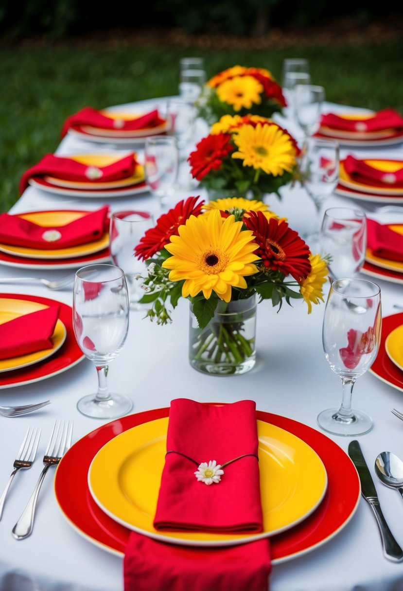 A table set with red and yellow plates, napkins, and flowers