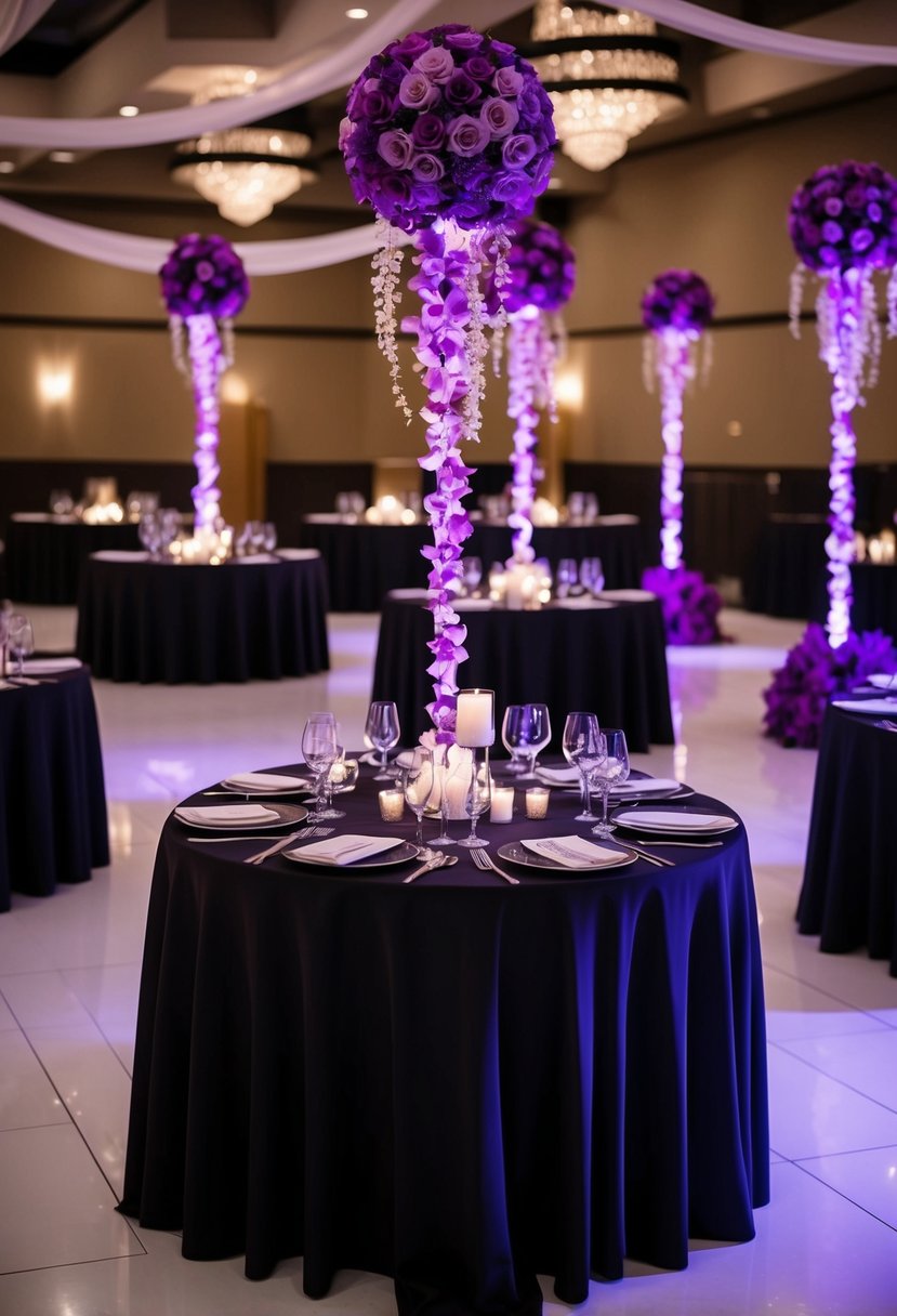 A black table adorned with purple hued illusion decor for a wedding