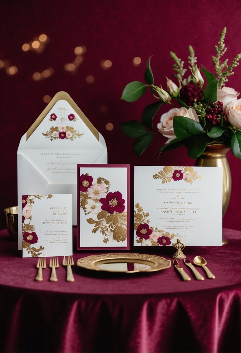 A luxurious raspberry and gold invitation suite displayed on a rich wine red background, with elegant floral and ornate details