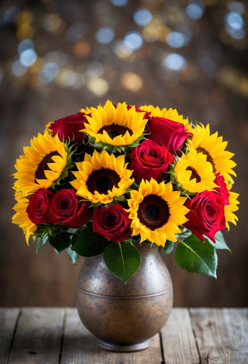 A vibrant bouquet of sunflowers and roses in red and yellow, arranged in a rustic vase