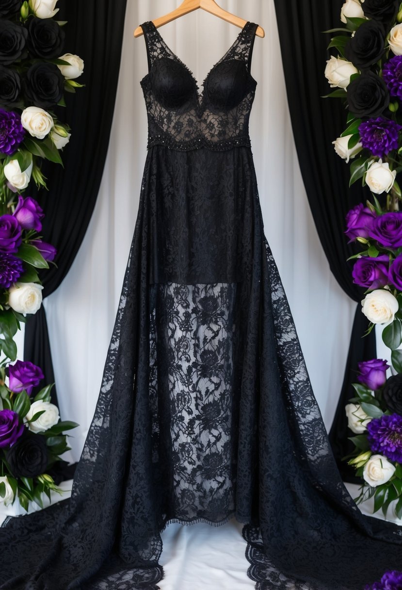 A black lace bridal gown hanging on a mannequin, surrounded by black and purple wedding decor and flowers