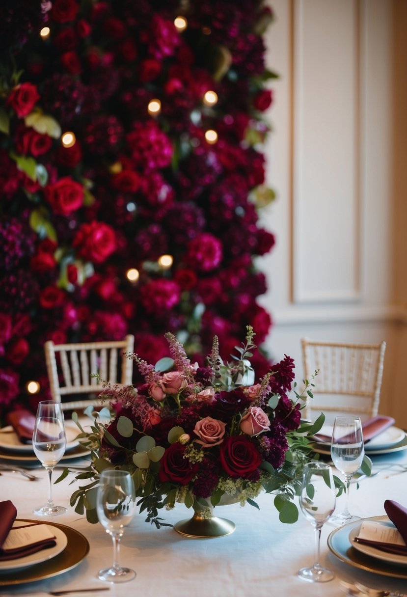 A table adorned with rich cabernet and mauve floral arrangements, set against a backdrop of elegant wine red wedding decor