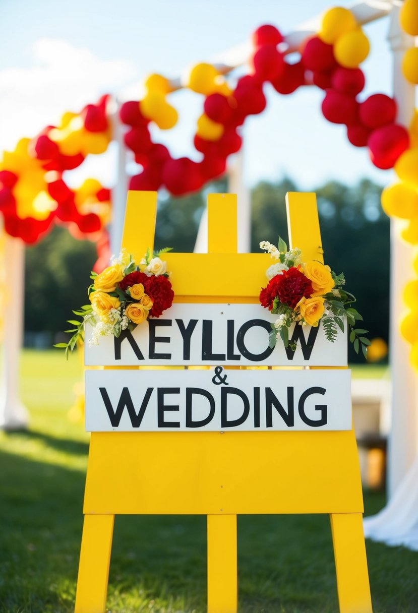 A sunny outdoor wedding with yellow signage and red and yellow decor