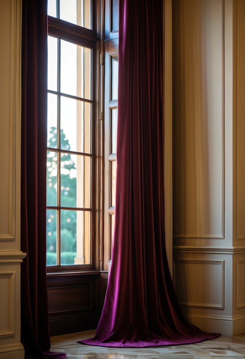 A rich wine-colored drapery cascading down a grand window, casting a warm and elegant glow in the room