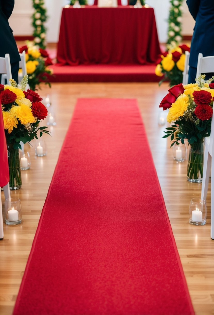 A red aisle runner leading to an altar adorned with red and yellow flowers