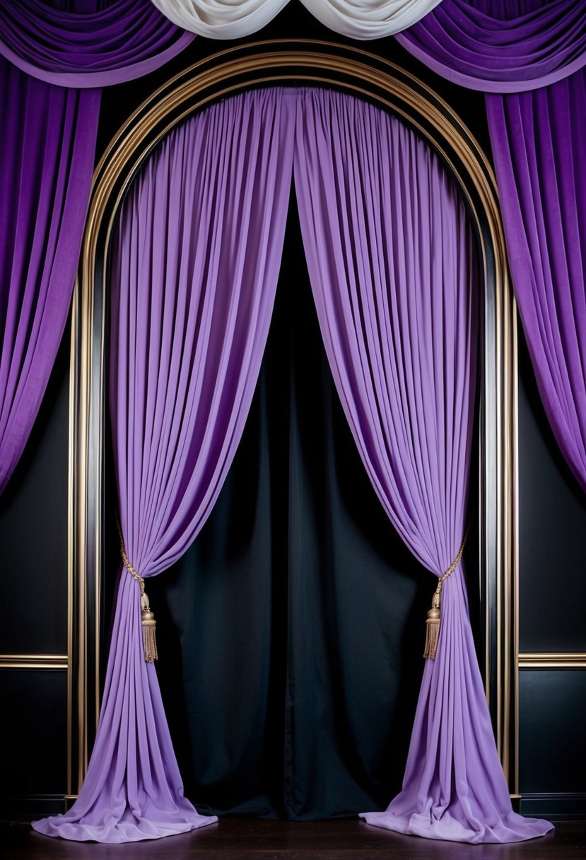 A regal purple draped archway stands against a black backdrop, evoking elegance and luxury