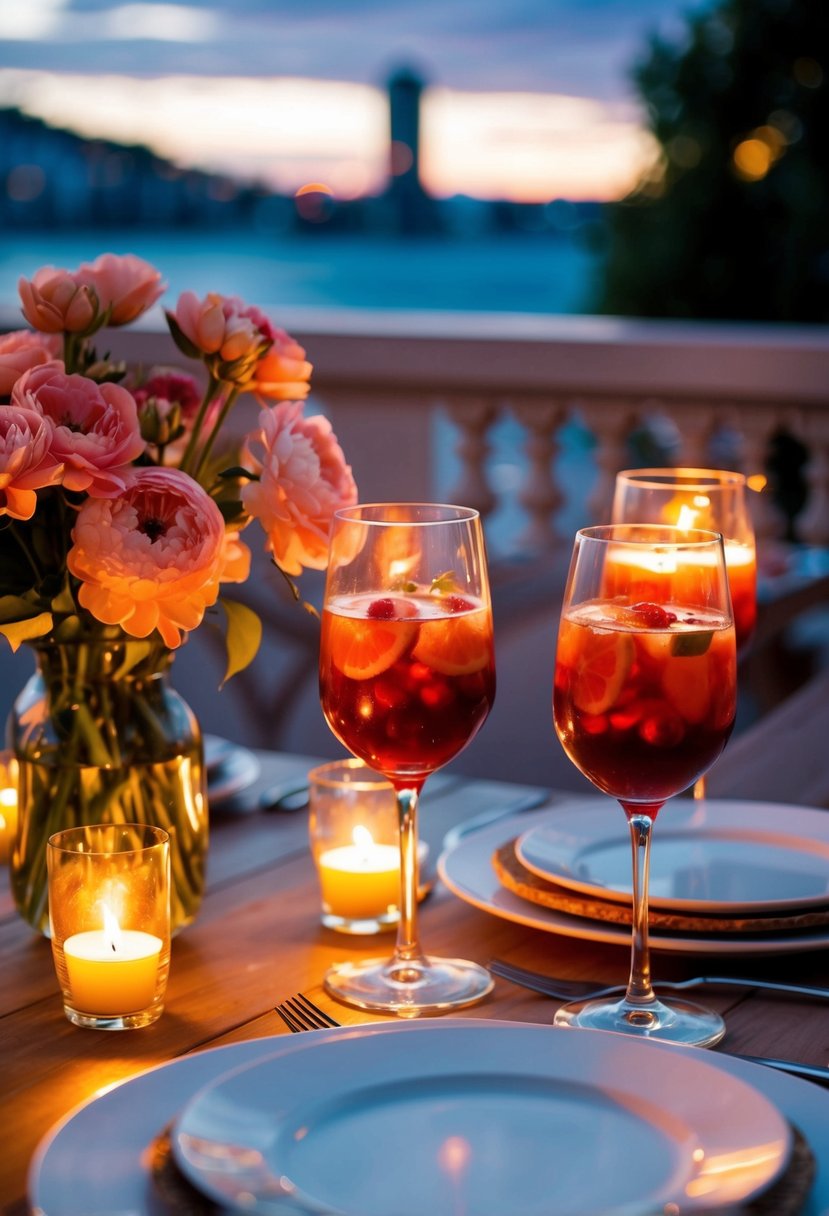 Warm evening light illuminates a table set with glasses of sangria and blush-colored flowers, creating a romantic and elegant atmosphere