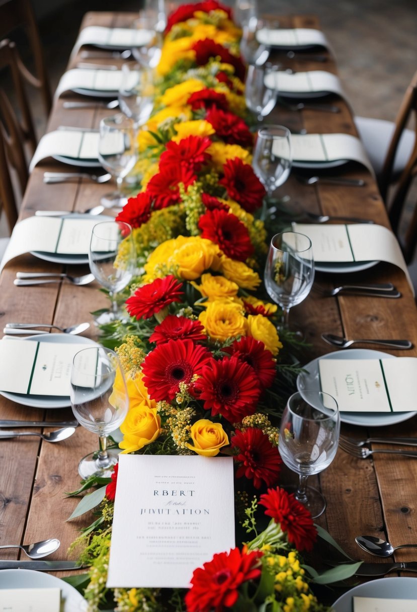 Red and yellow flowers cascading down a rustic wooden table, with elegant dual-tone wedding invitations nestled among the blooms