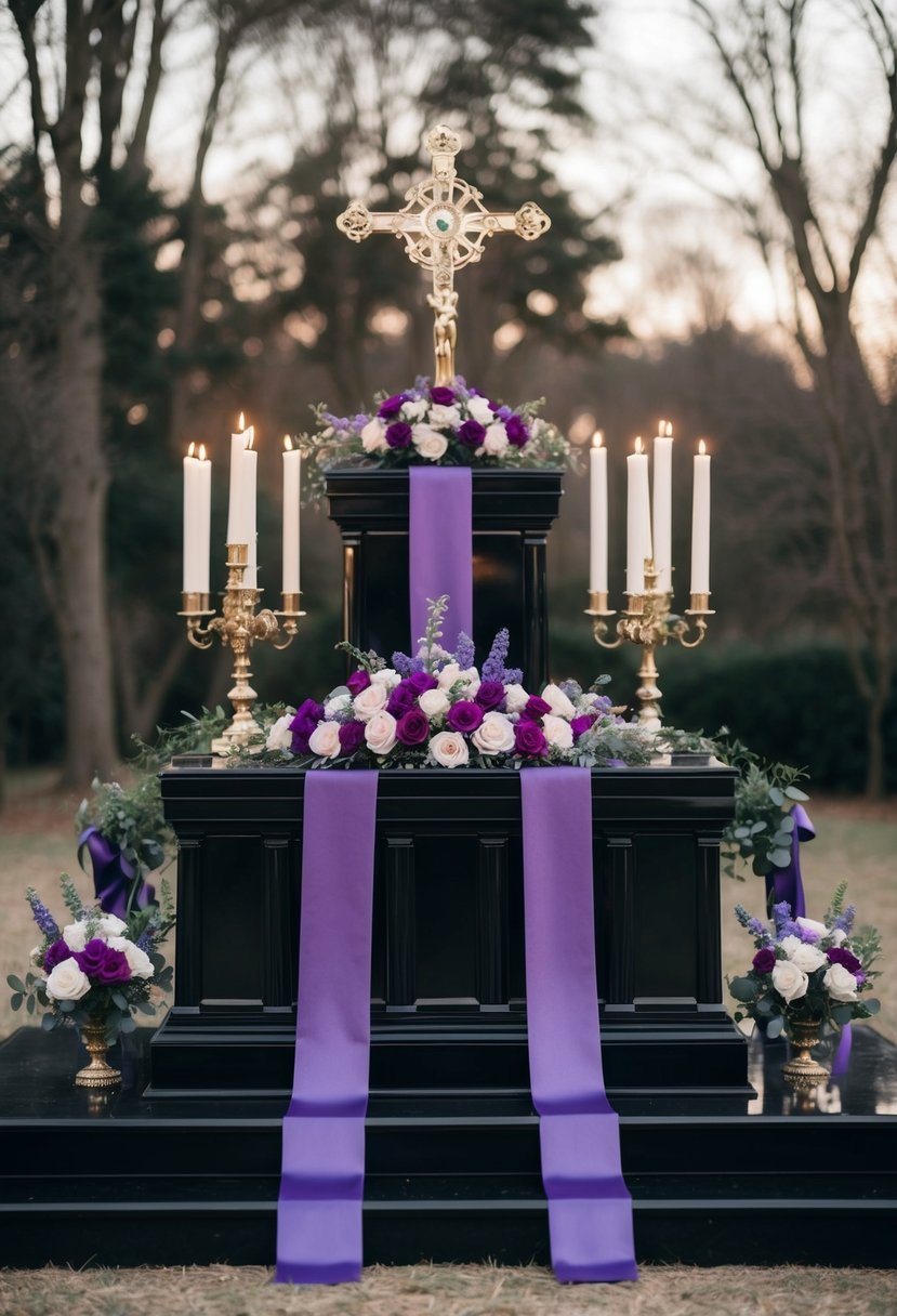 A black altar adorned with violet ribbons and flowers