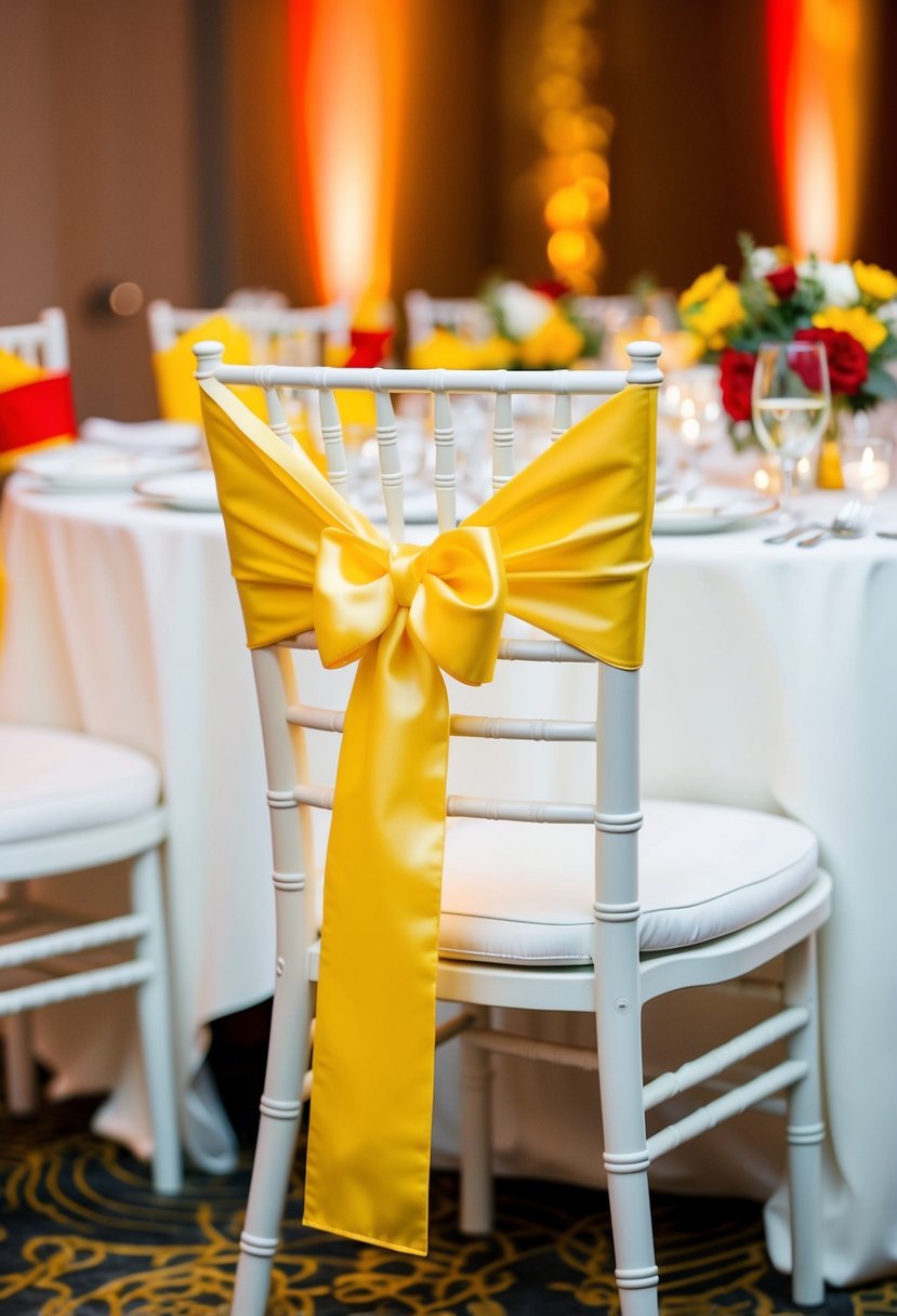 Yellow sashes tied to chairs at a wedding reception, with a red and yellow color scheme