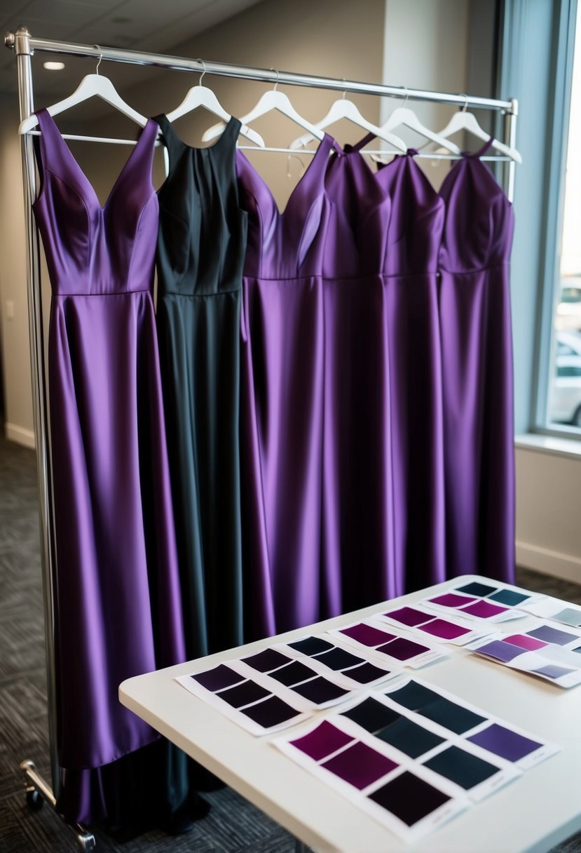 A group of deep purple satin bridesmaid dresses hanging on a rack, with black and purple wedding color swatches spread out on a table nearby