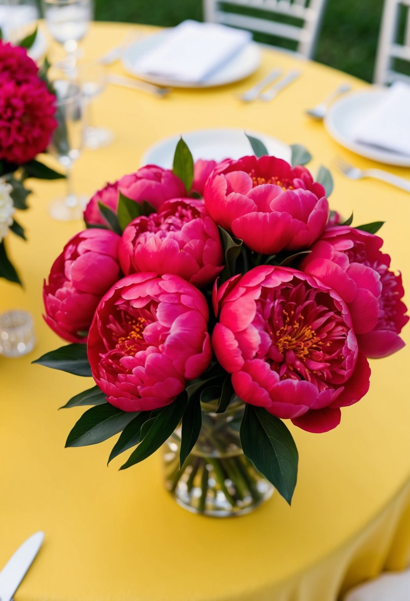 A vibrant red peony bouquet sits next to a yellow wedding table setting, creating a striking color contrast