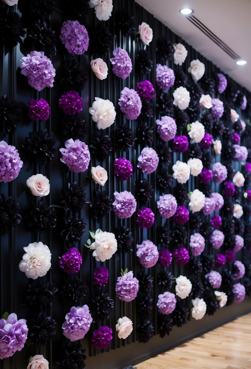 A black and purple floral wall with elegant and vibrant blooms