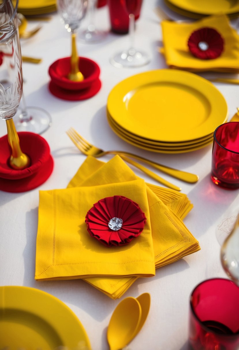 Yellow cocktail napkins arranged with red and yellow wedding decor