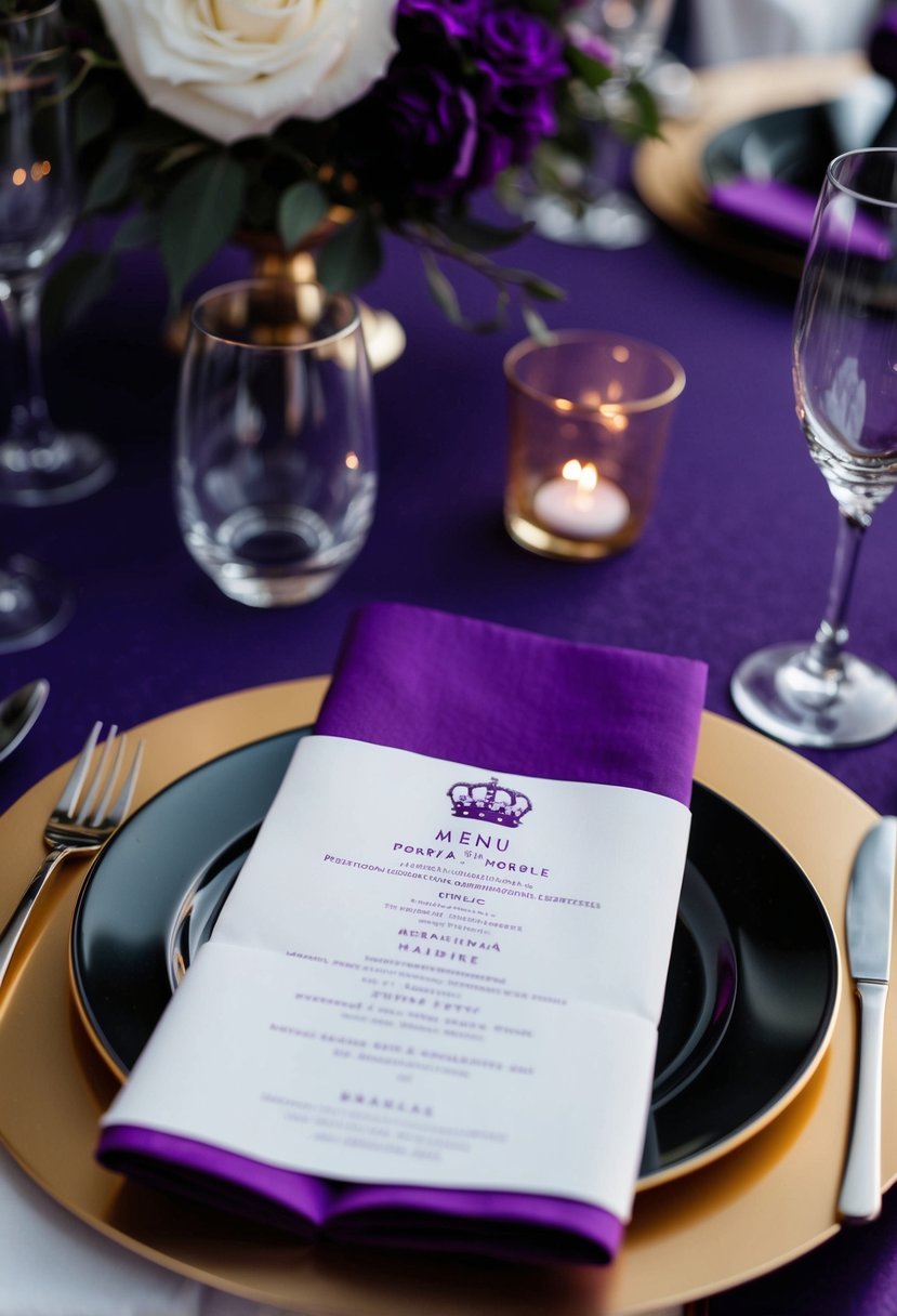 A royal purple napkin and menu design with black and purple wedding color scheme