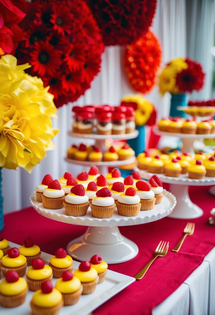 A vibrant dessert table with red and yellow treats, surrounded by coordinating decorations for a wedding color scheme