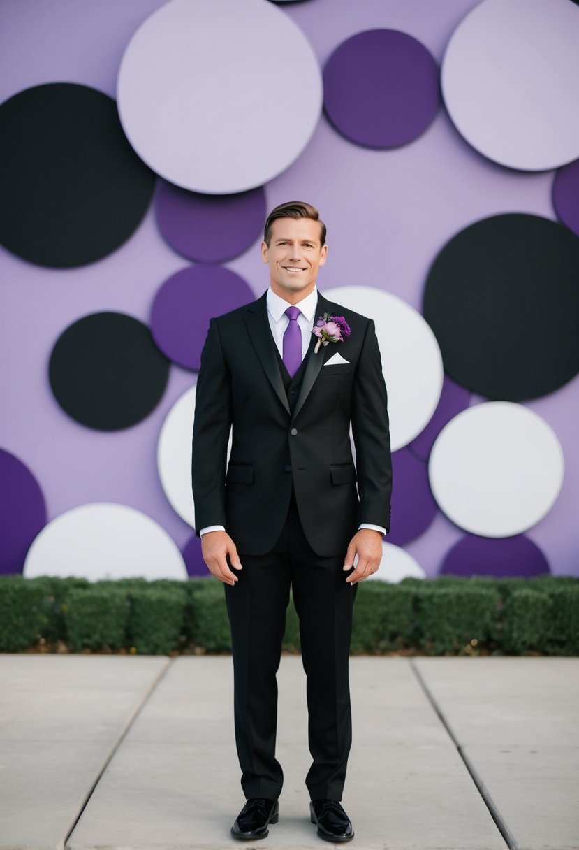 A classic black suit with a purple boutonniere against a black and purple wedding color palette