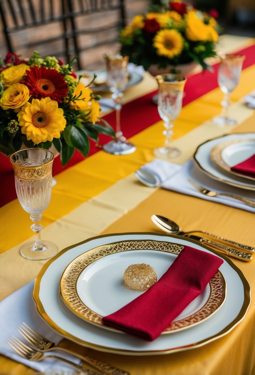 Gold-rimmed dinnerware set on a red and yellow tablecloth with matching floral centerpieces