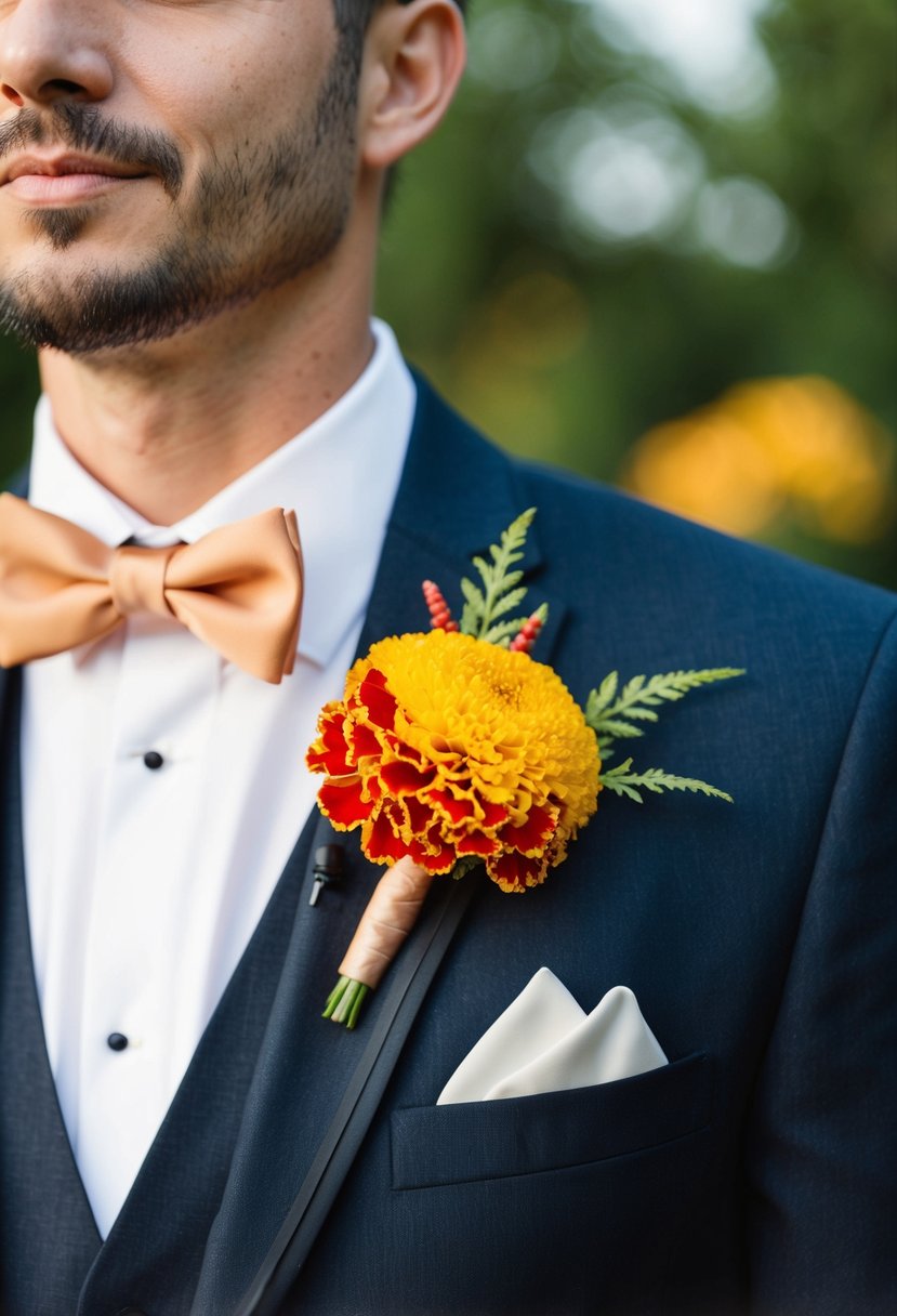 A groom's lapel adorned with a vibrant marigold boutonniere in red and yellow hues