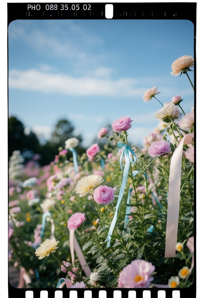 A garden filled with pastel flowers and ribbons, with a soft blue sky and a gentle breeze