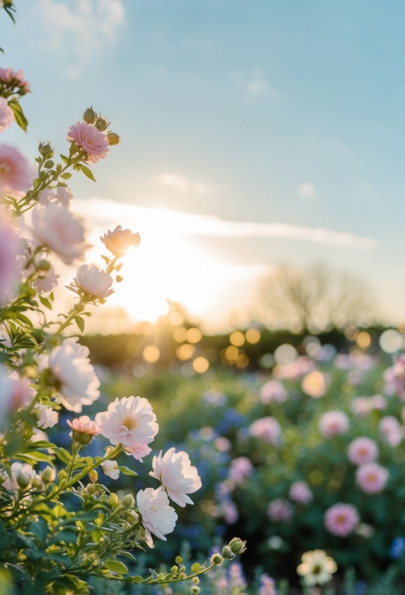 A serene garden with blooming pastel flowers, a blue sky, and a soft yellow sun casting a warm glow