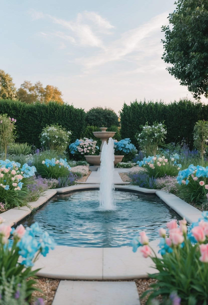 A serene garden with pastel blue and pink flowers, a flowing fountain, and soft, billowing fabrics creating a calming, romantic atmosphere