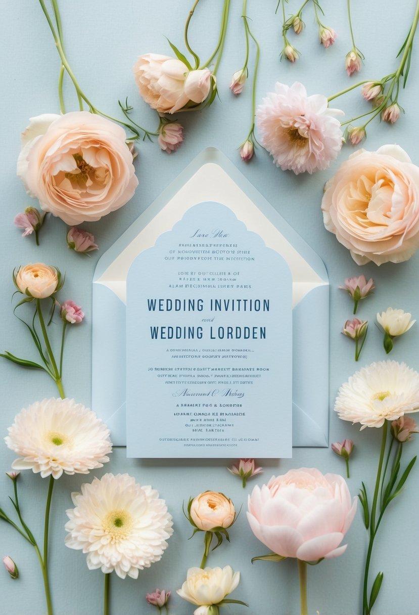 A light blue wedding invitation surrounded by delicate pastel flowers and soft natural lighting