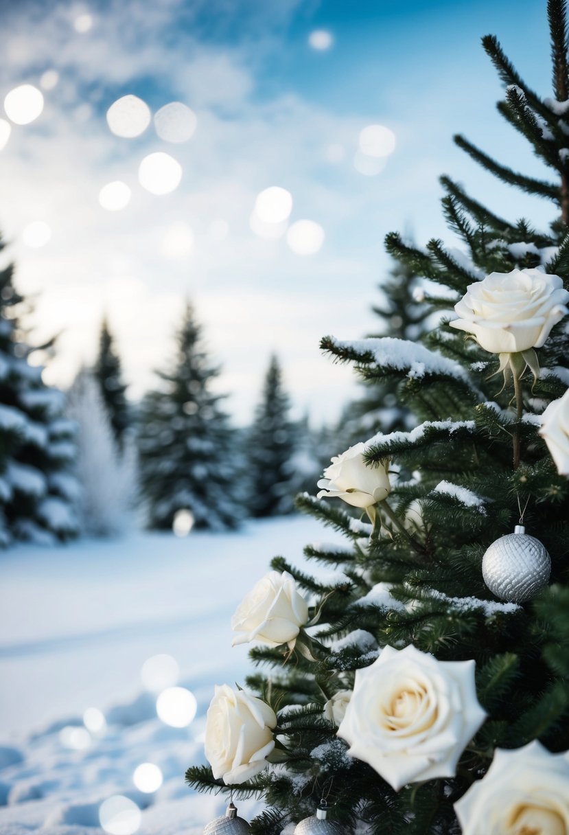 A snowy landscape with evergreen trees, white roses, and silver accents