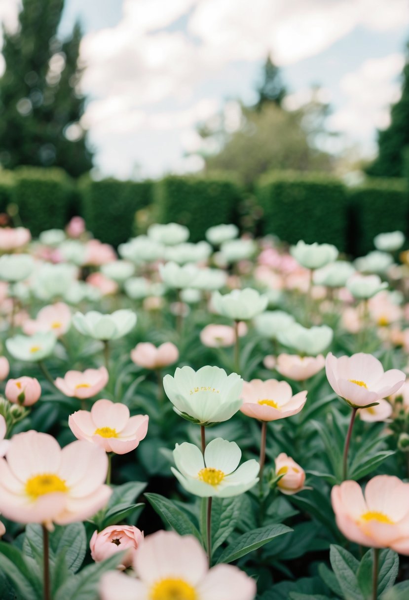 A garden filled with pastel mint green and blush pink flowers, with a soft, romantic atmosphere