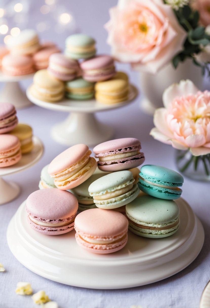 A group of pastel-colored macarons arranged in a delicate and elegant display, inspiring the soft and romantic hues for bridesmaid dresses at a wedding