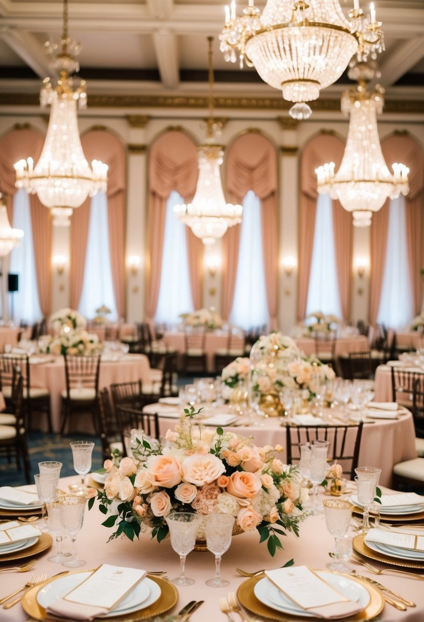 A grand ballroom adorned with gold and peach pastel flowers, vintage chandeliers, and elegant table settings