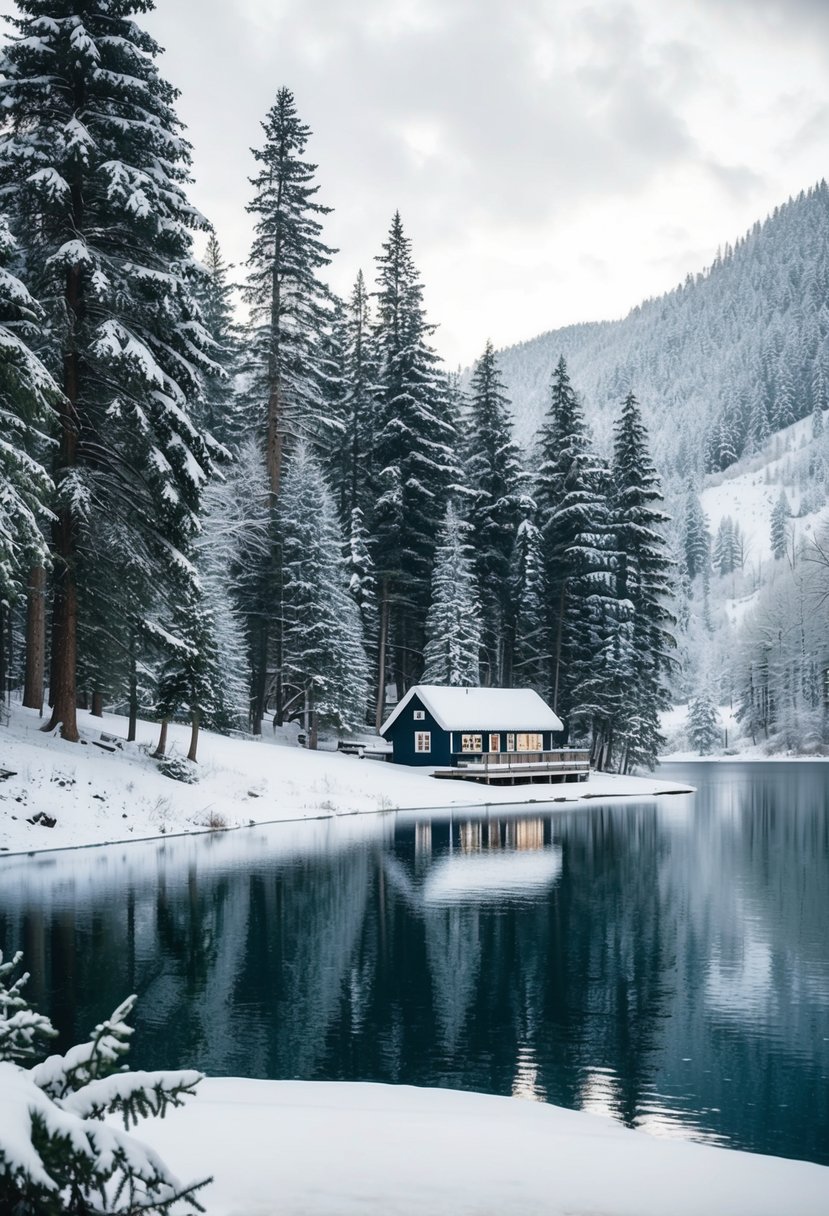 A snowy landscape with navy and silver accents: evergreen trees dusted with snow, a cozy cabin, and a shimmering silver lake