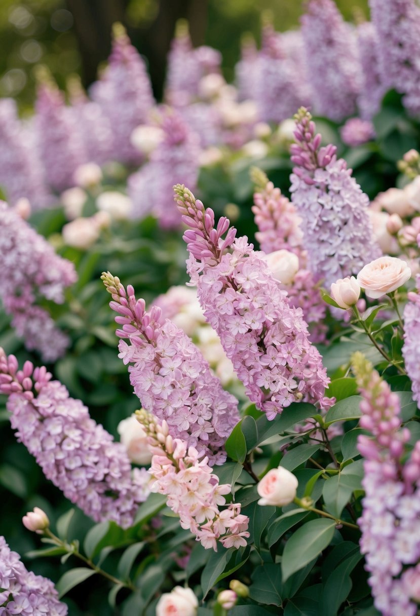 A garden filled with blooming lilac and light pink flowers, creating a romantic and pastel wedding color palette