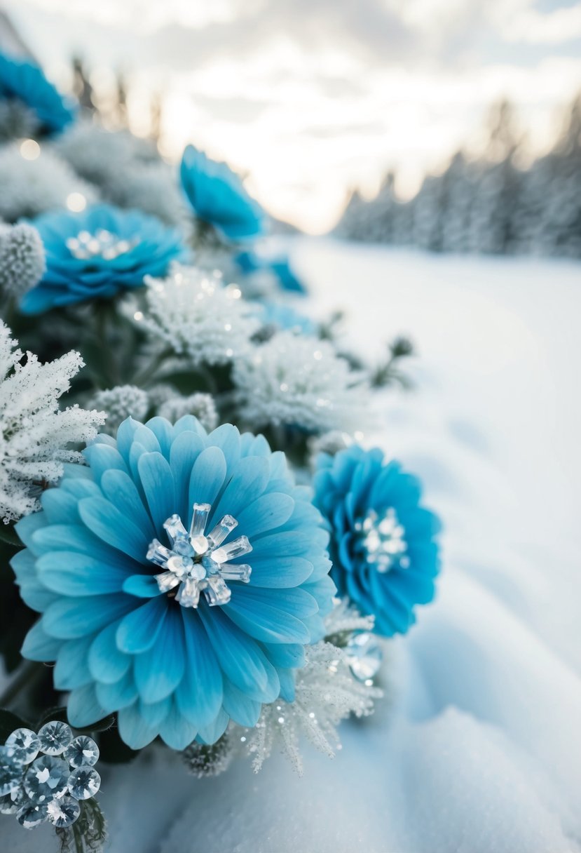 A snowy landscape with dusty blue and white flowers, accented by silver and crystal details