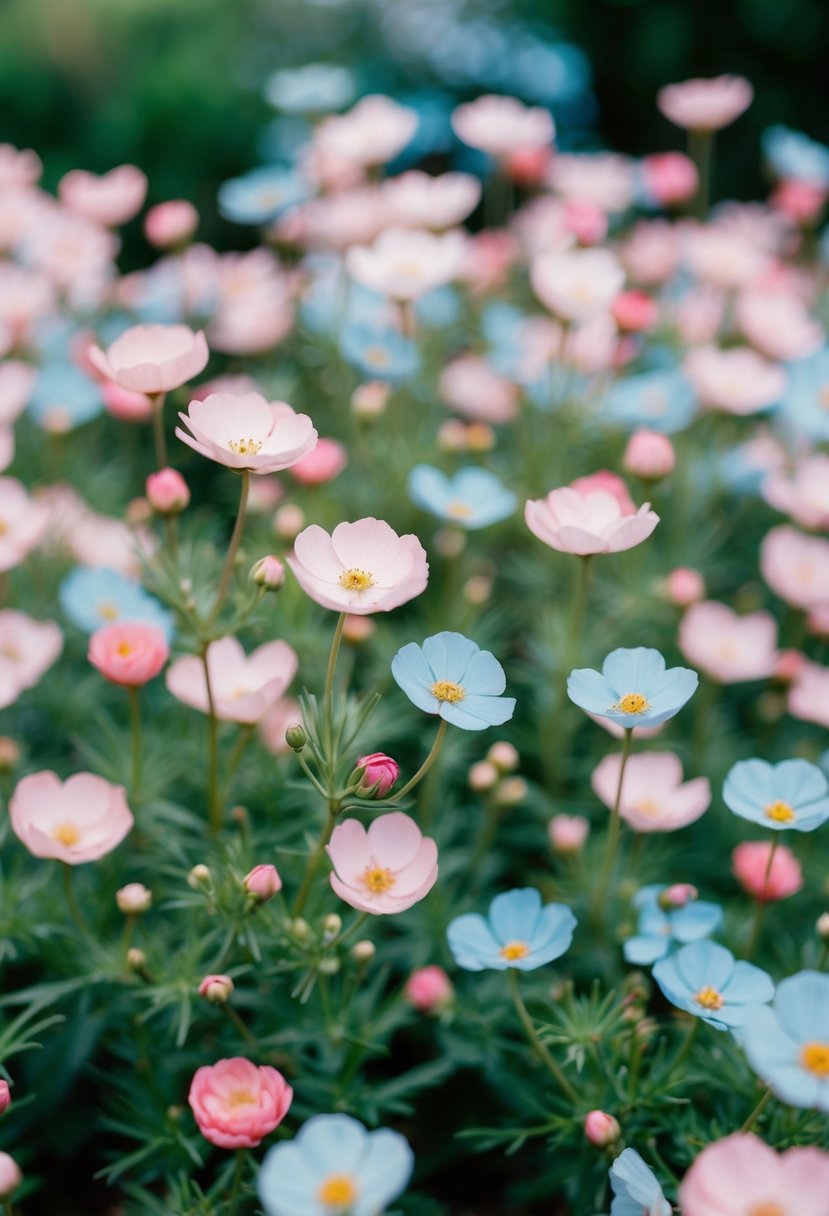 A garden filled with delicate pink flowers and light blue accents