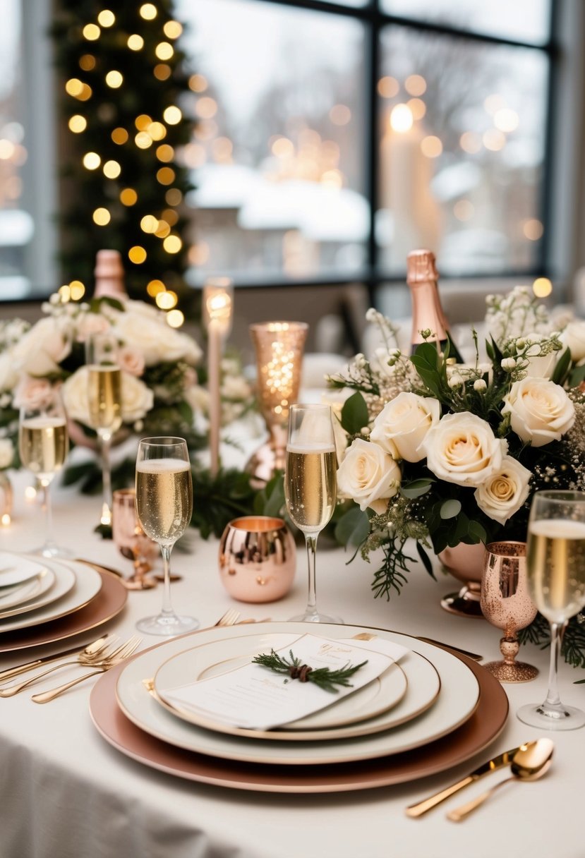 A winter wedding scene with champagne and rose gold accents, featuring elegant table settings, floral arrangements, and sparkling decor