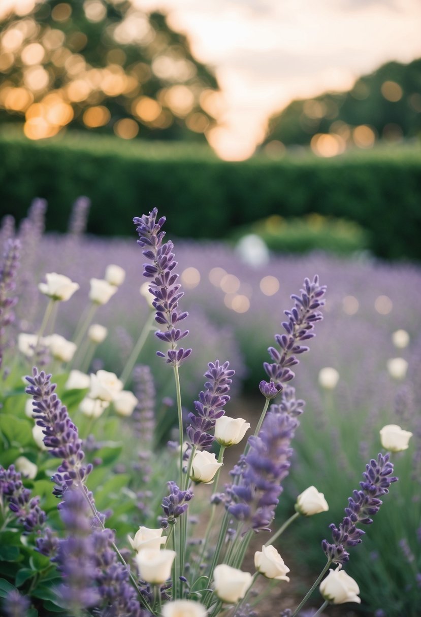 A serene garden wedding with lavender and cream decor under a soft sunset