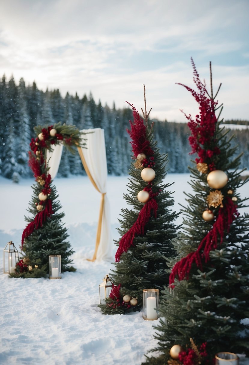 A snowy landscape with deep ruby red and gold accents on evergreen trees and wedding decor