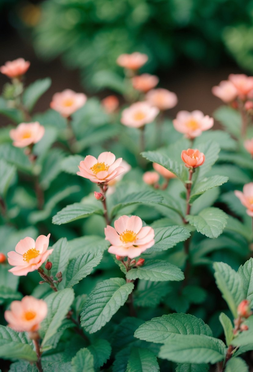 A serene garden with mint green foliage and delicate coral flowers