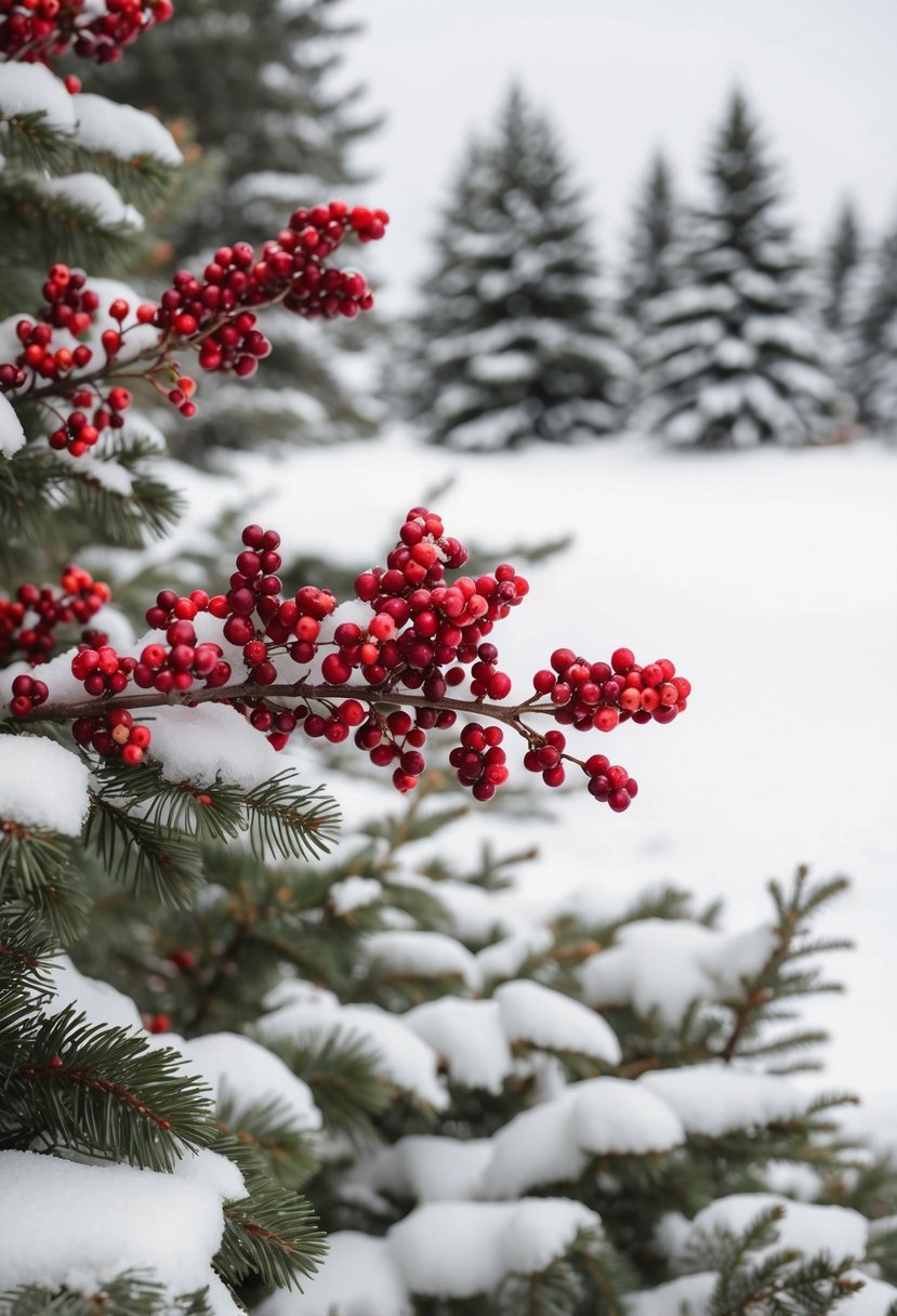 A snowy landscape with cranberry and taupe accents: deep red berries against neutral tones, set against a backdrop of white snow and evergreen trees